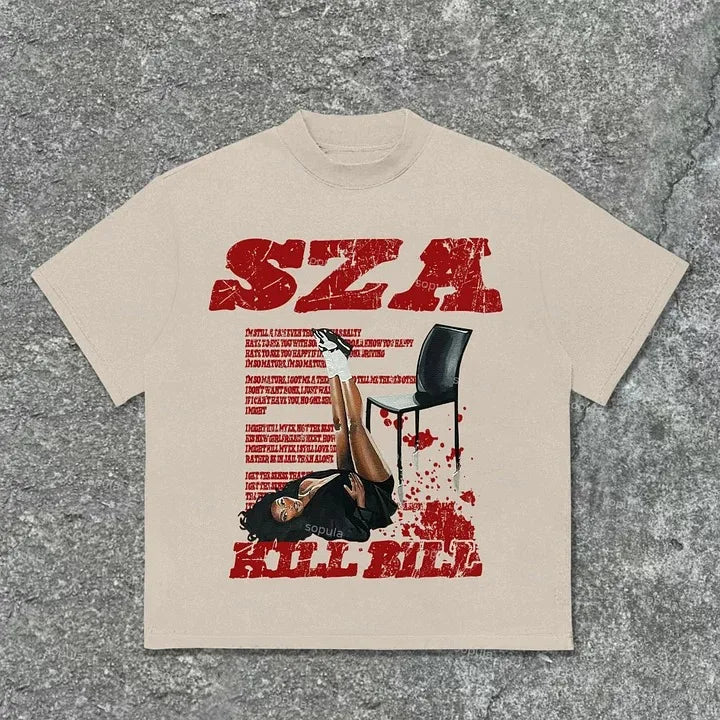 Sza Print Kill Bill Retro Graphic Cotton T-Shirt Men Street Trend Retro Y2K Short Sleeve Women's Fashion Hip Hop Rock Top