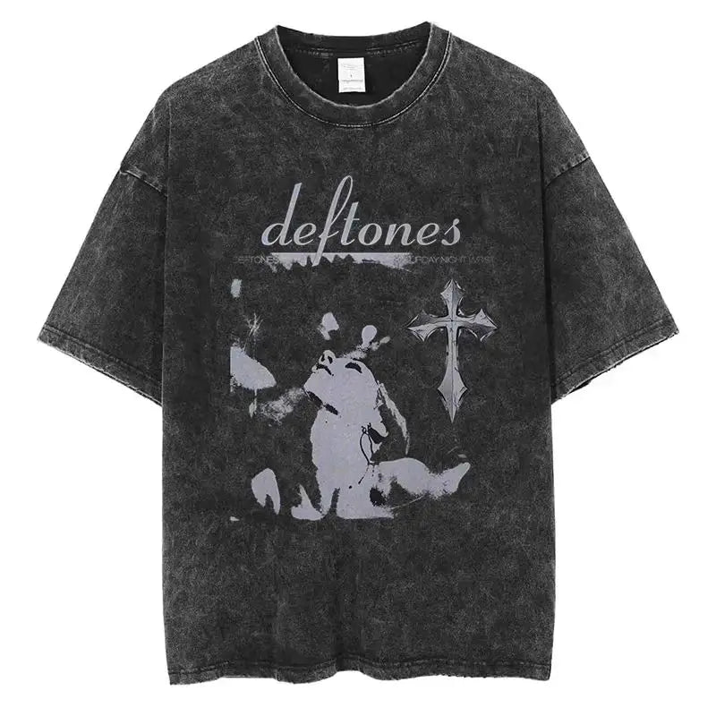 New Hip Hop Deftones Washed Short sleeved round neck Y2k Tshirt Men Clothing New in Top & Tees Mens T-Shirt  Camisetas 61356